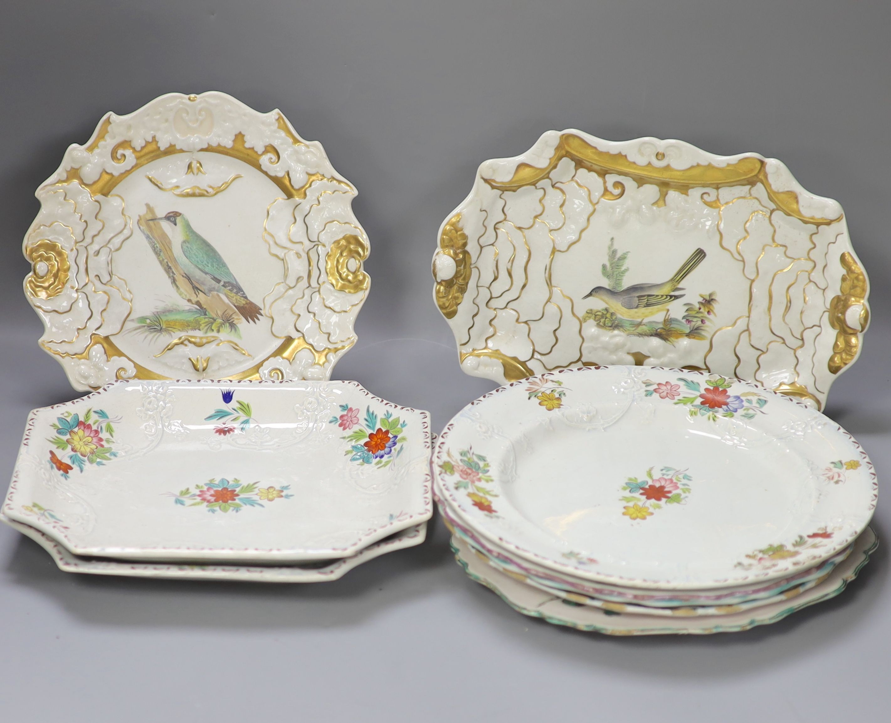 Four French faience plates and three Mason’s Cambrian Argil dishes and to early 19th century English porcelain ornithological dishes